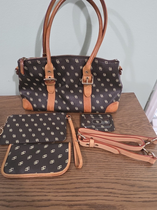 Dooney & Bourke Handbags - Dooney & Bourke Brown Logo Satchel with Tan Leather Accents and Accessories